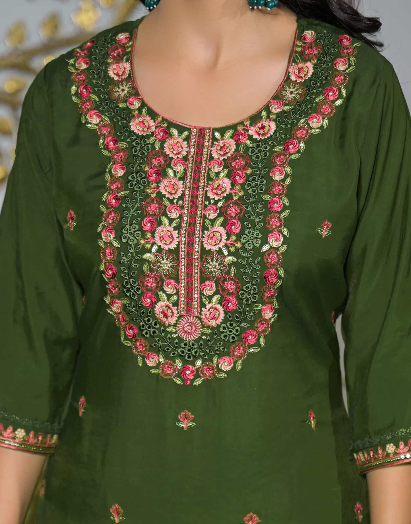 Silk Straight Embroidery Round Neck Kurta with Pant & Dupatta