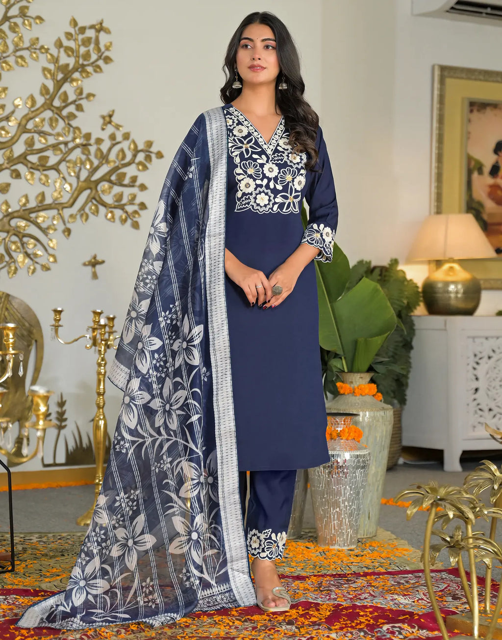 Silk Blend Embroidered Straight 3 Piece Kurta Set