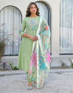 Skylee Silk Embroidered A-Line 3 Piece Kurta Set For Woman