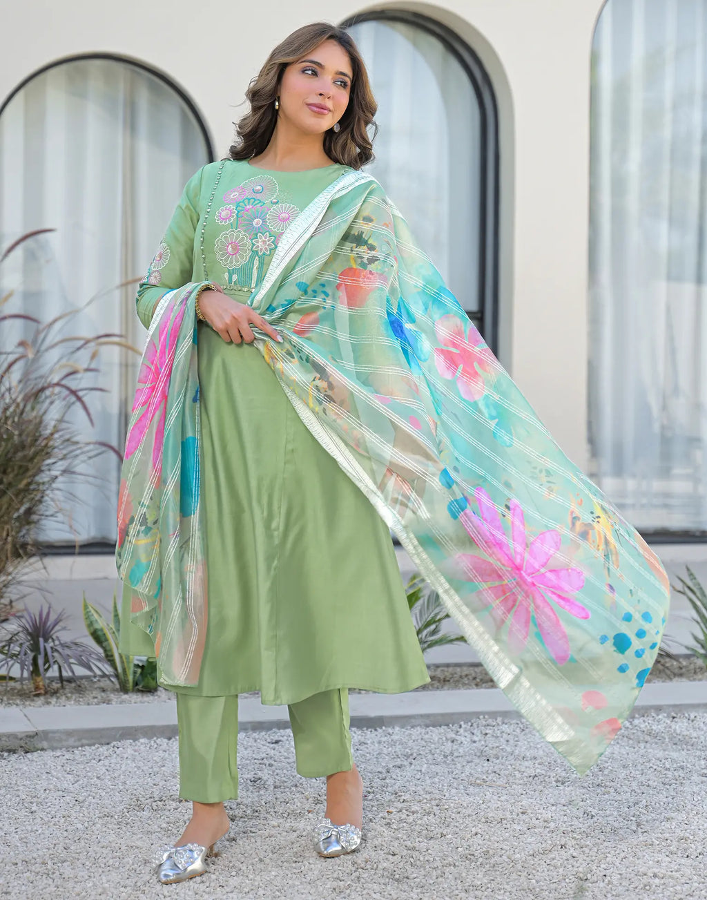 Skylee Silk Embroidered A-Line 3 Piece Kurta Set For Woman