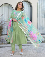 Skylee Silk Embroidered A-Line 3 Piece Kurta Set For Woman