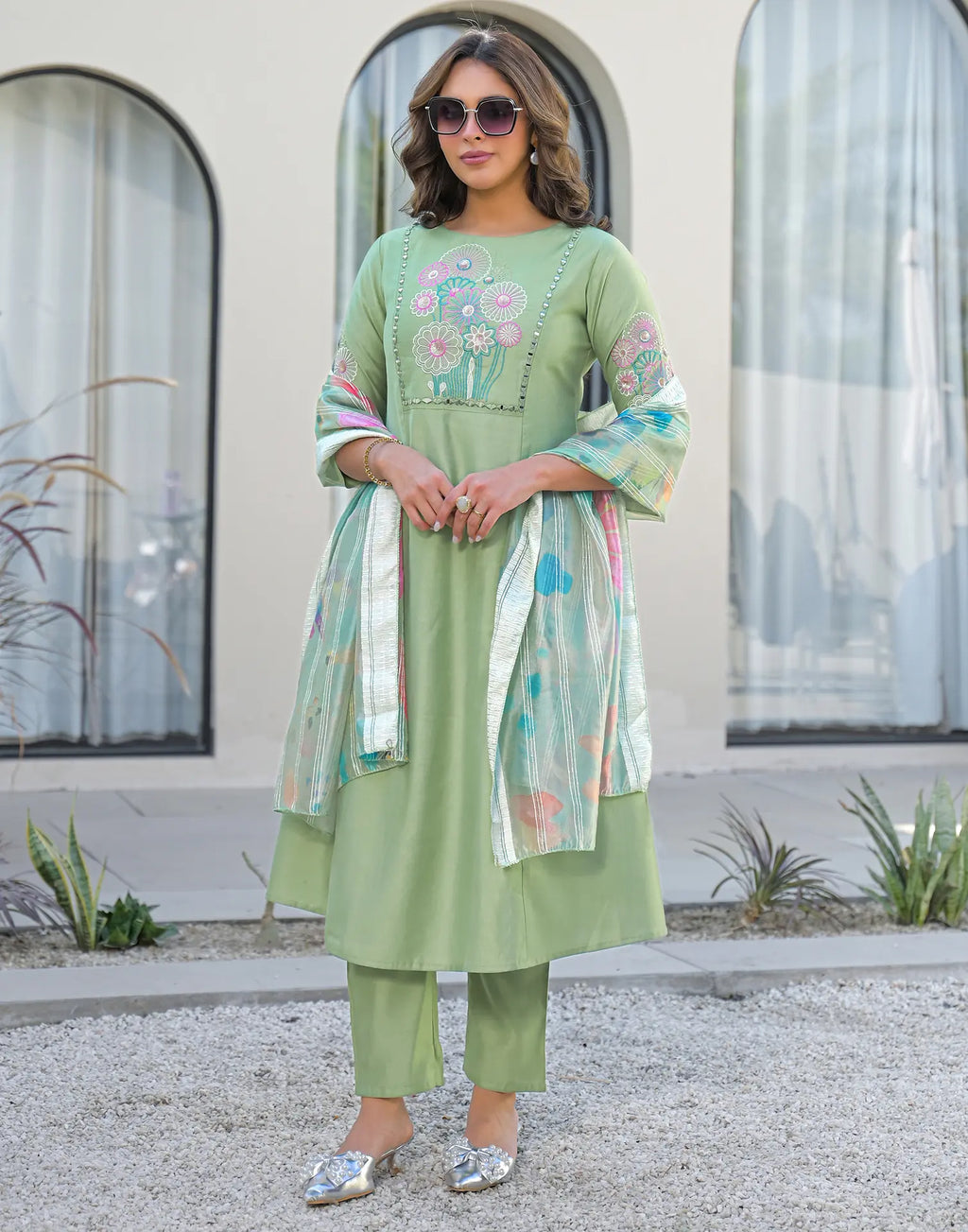 Skylee Silk Embroidered A-Line 3 Piece Kurta Set For Woman