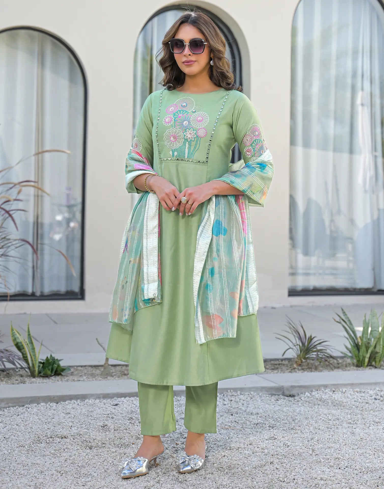 Skylee Silk Embroidered A-Line 3 Piece Kurta Set For Woman
