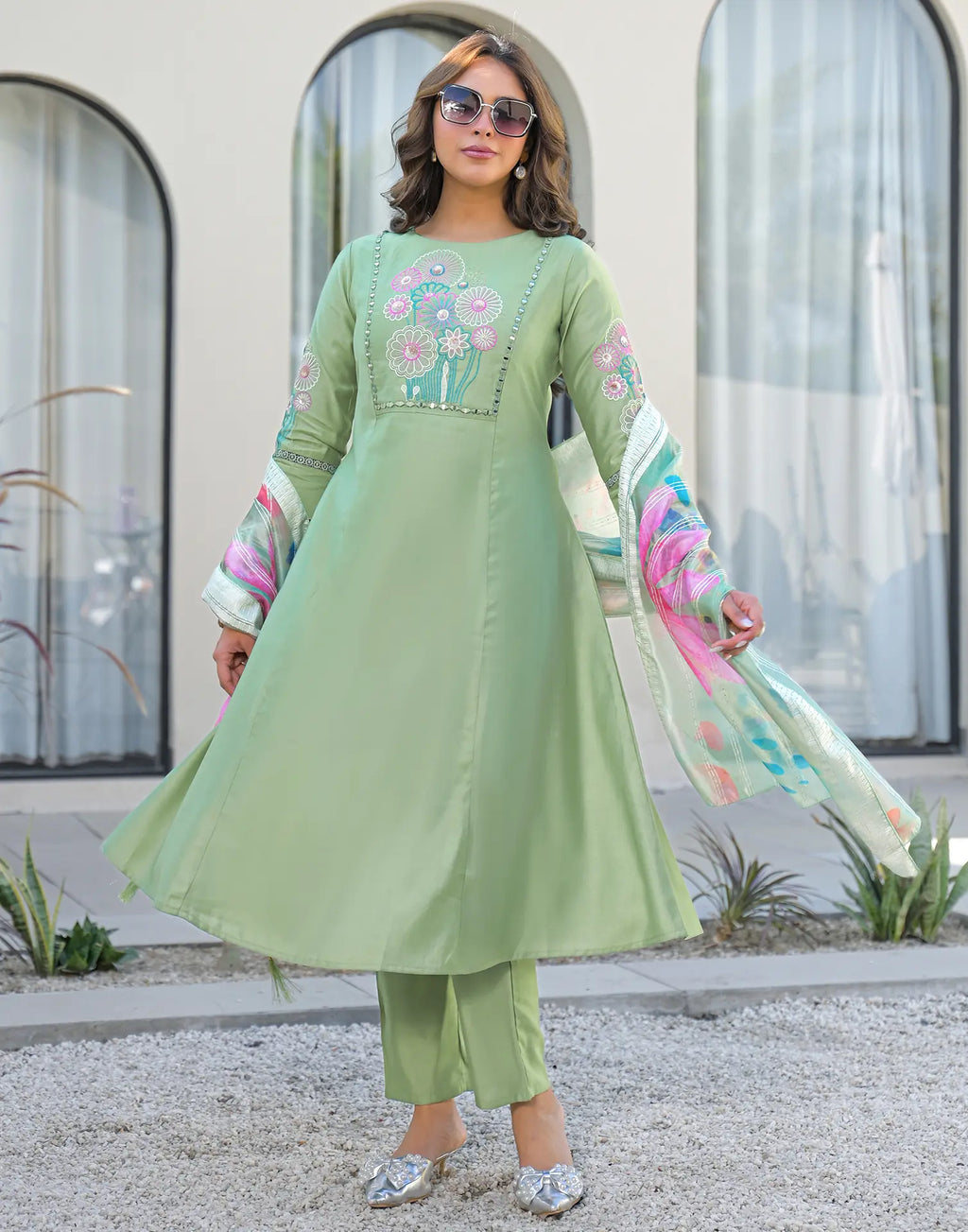 Skylee Silk Embroidered A-Line 3 Piece Kurta Set For Woman