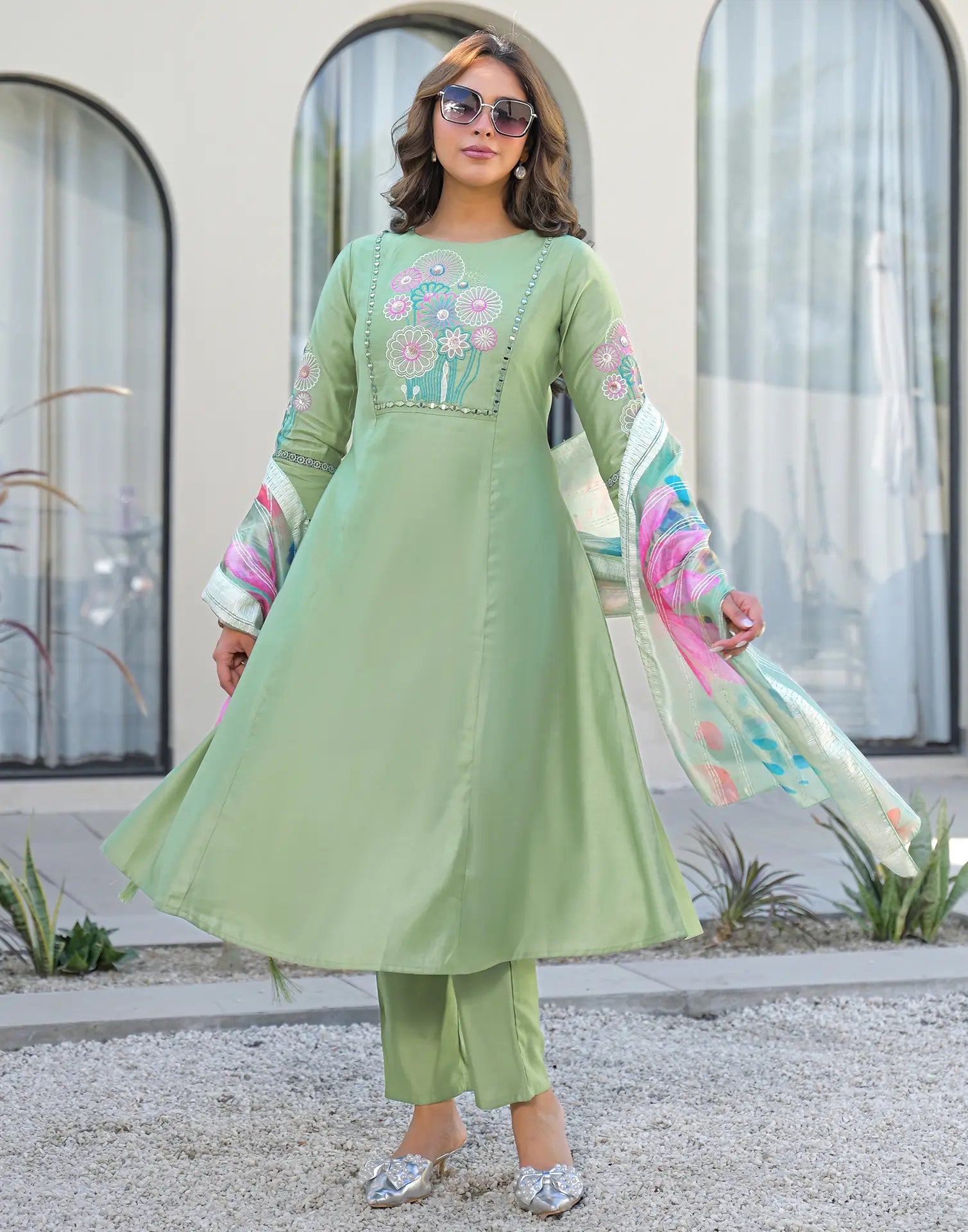 Skylee Silk Embroidered A-Line 3 Piece Kurta Set For Woman