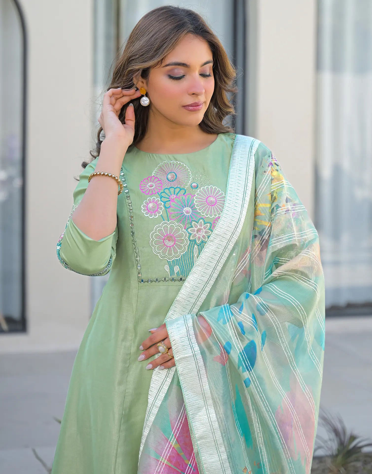 Skylee Silk Embroidered A-Line 3 Piece Kurta Set For Woman