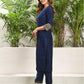 Royal Blue Silk Plain V Neck 3/4 Sleeve Straight Kurta Set With Pant & Dupatta