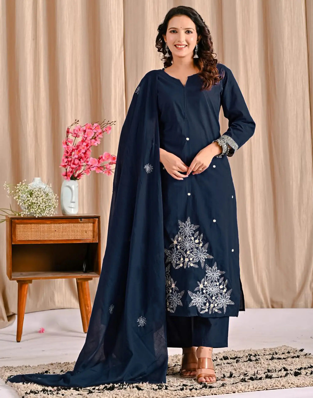 Cotton Embroidered Straight 3 Piece Kurta Set