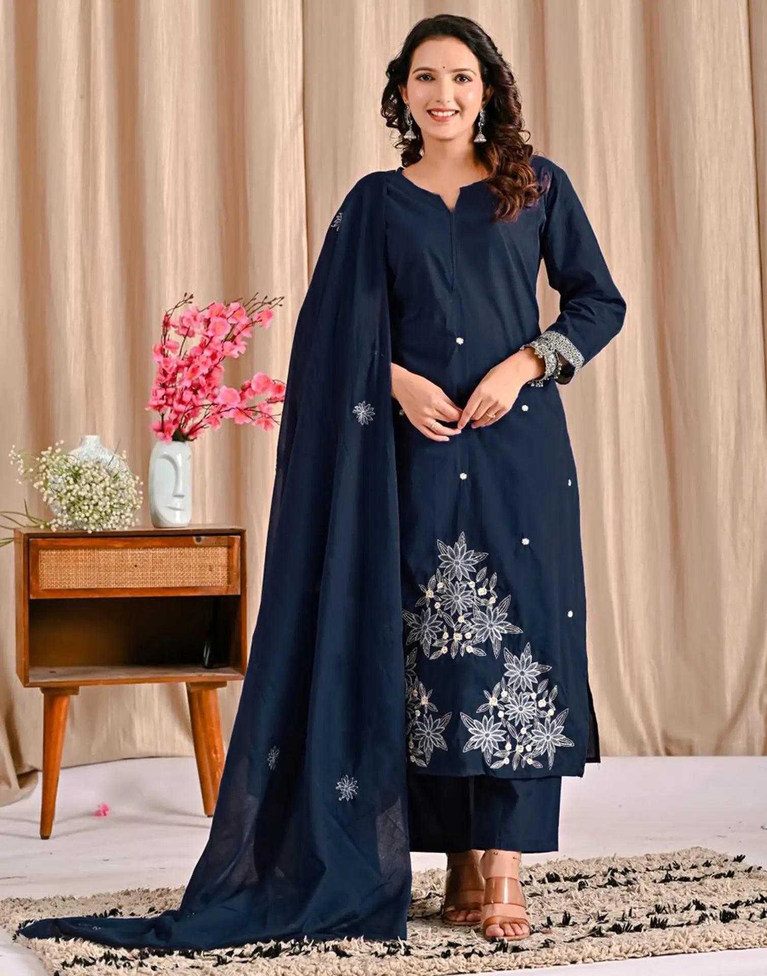 Cotton Embroidered Straight 3 Piece Kurta Set