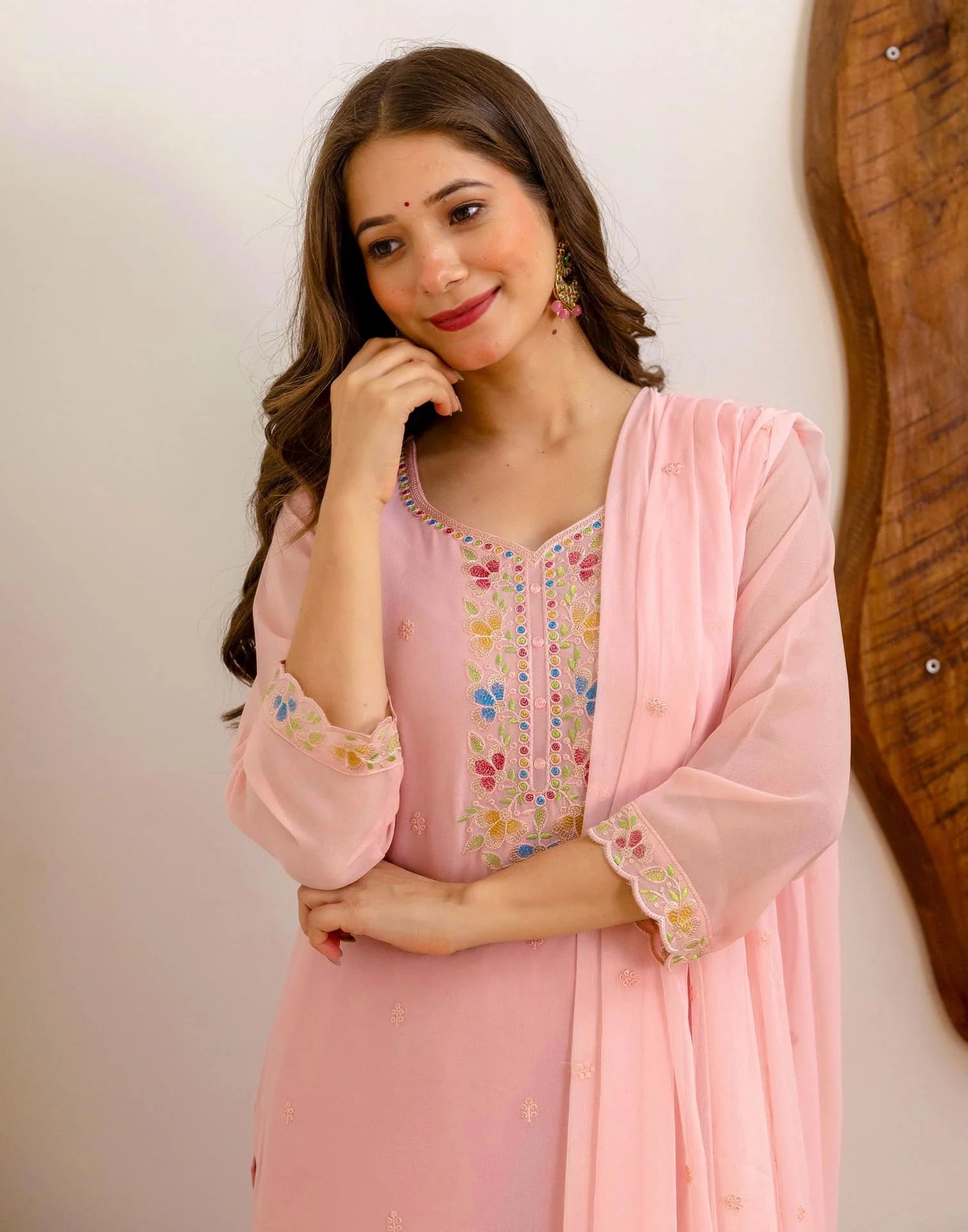 Pink Georgette Embroidered Kurta Set with Pant & Dupatta