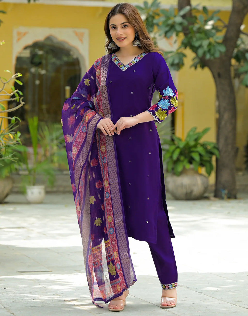 Chanderi Embroidered Straight 3 Piece Kurta Set
