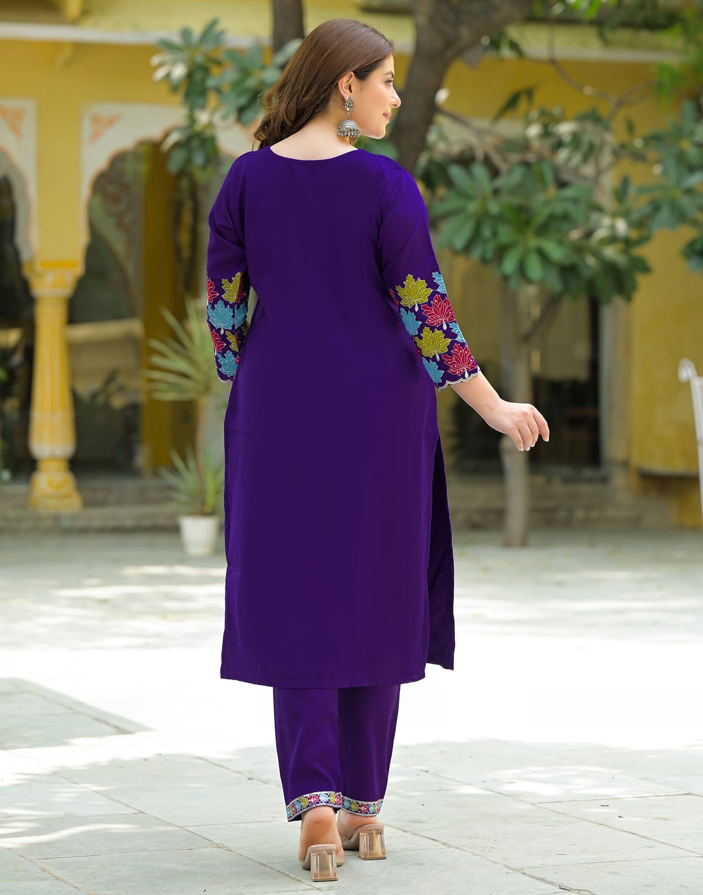 Silk Straight Embroidery V-Neck Kurta with Pant & Dupatta