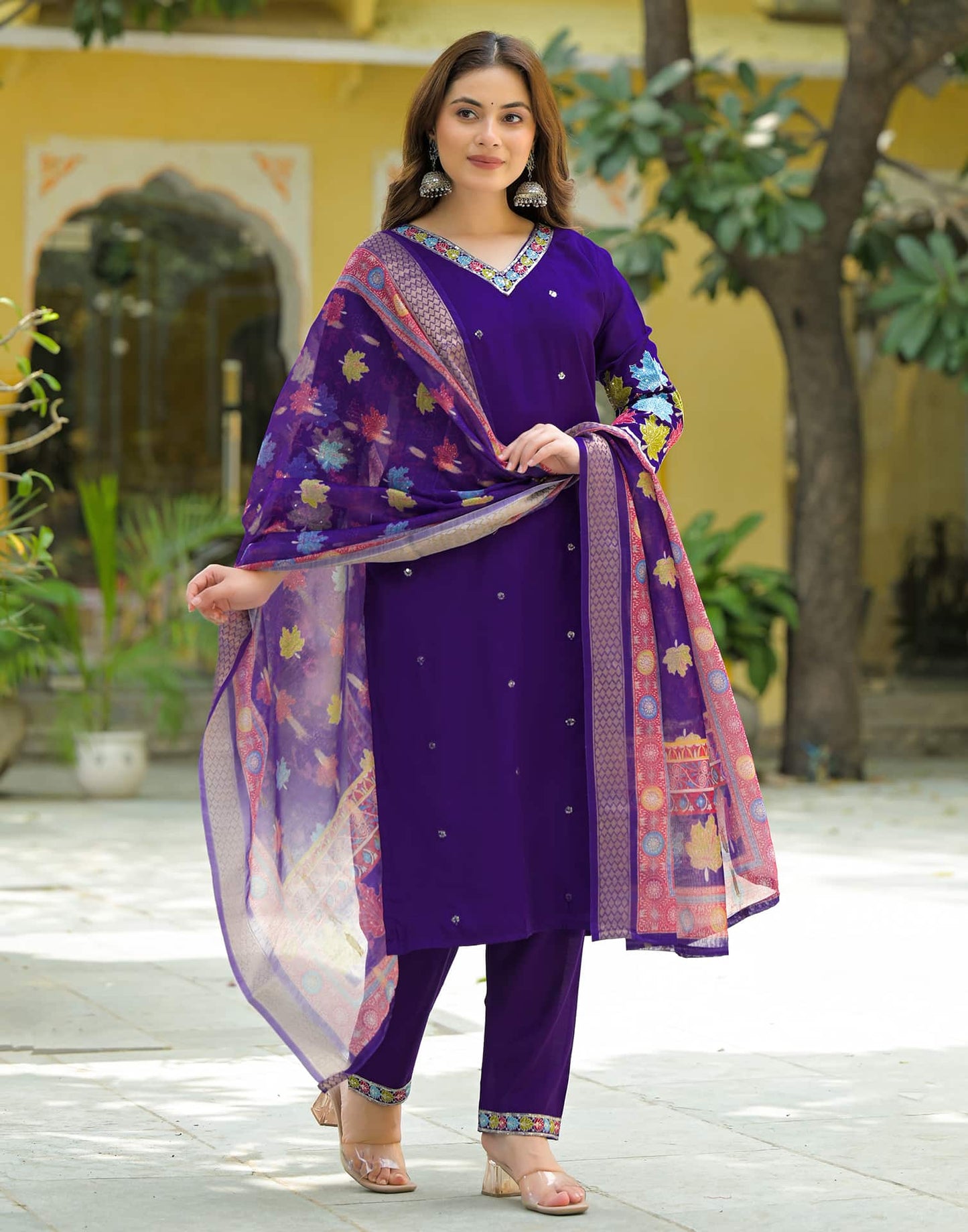 Silk Straight Embroidery V-Neck Kurta with Pant & Dupatta
