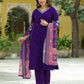 Silk Straight Embroidery V-Neck Kurta with Pant & Dupatta