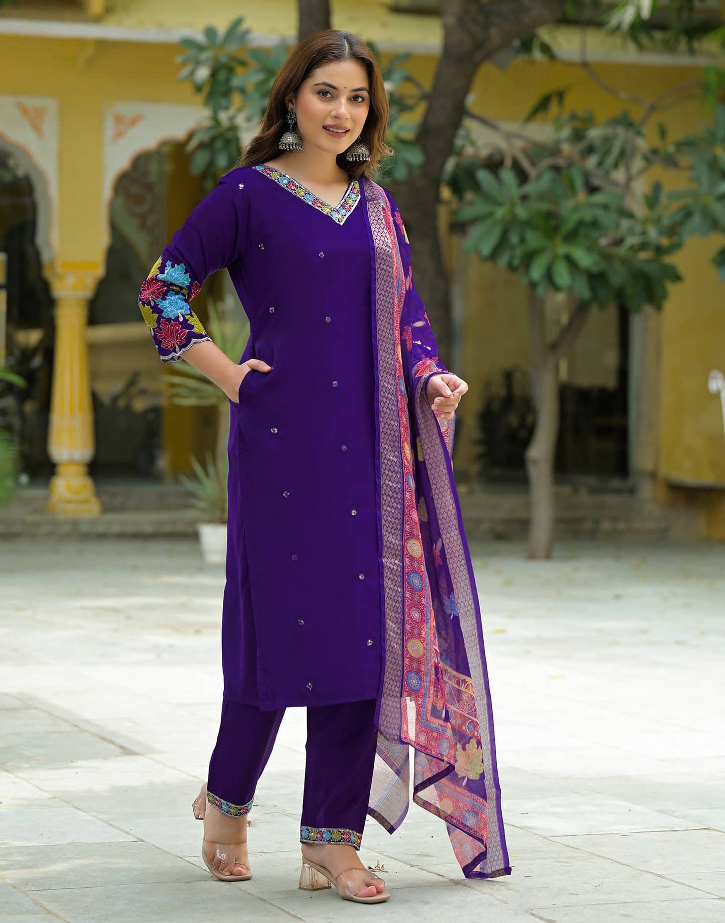 Silk Straight Embroidery V-Neck Kurta with Pant & Dupatta