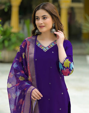 Royal Purple V-Neck Embroidered & Printed Straight 3 Piece Kurta Set With Dupatta