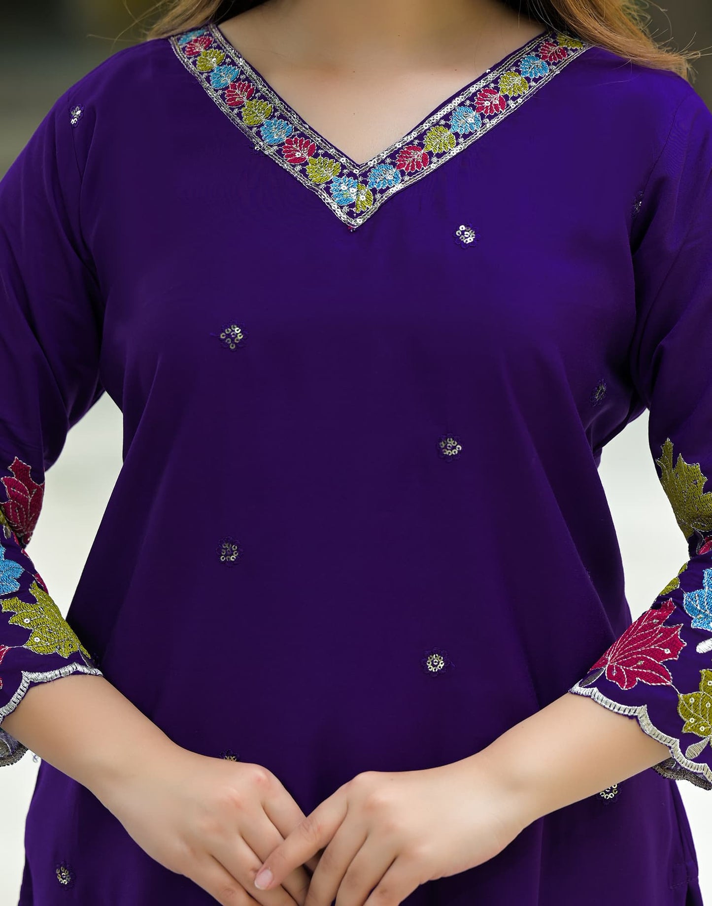 Silk Straight Embroidery V-Neck Kurta with Pant & Dupatta