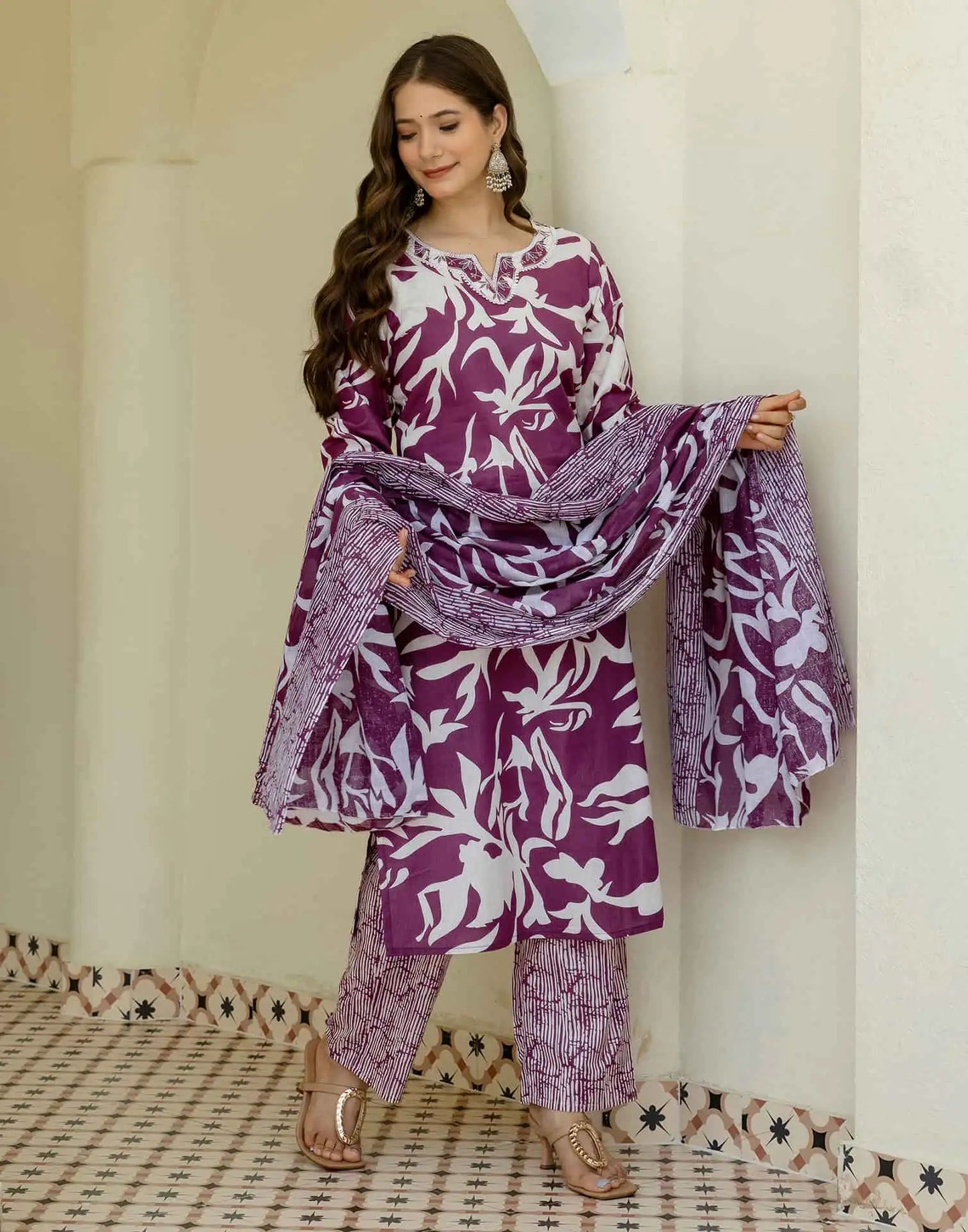 Cotton Straight Printed V-Neck Kurta with Pant & Dupatta