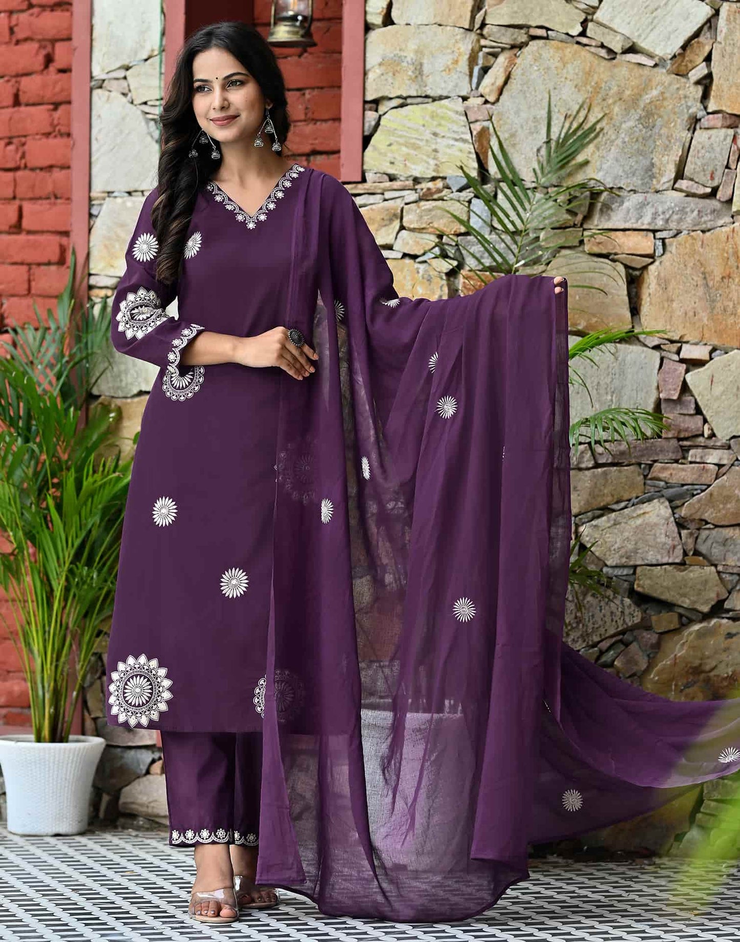 Cotton Straight Embroidery V-Neck Kurta with Pant & Dupatta