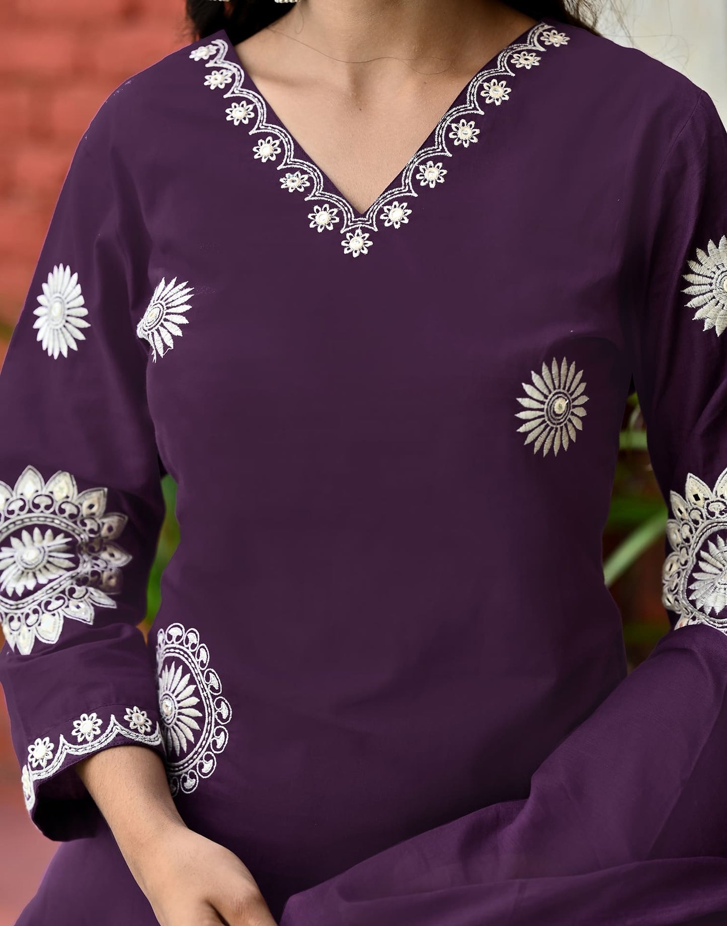 Cotton Straight Embroidery V-Neck Kurta with Pant & Dupatta