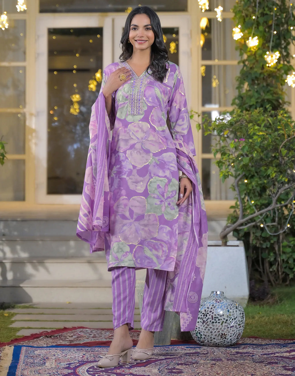 Viscose Rayon Foil Print Straight 3 Piece Kurta Set