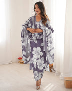 Skylee Rayon Floral Print Straight 3 Piece Kurta Set For Woman