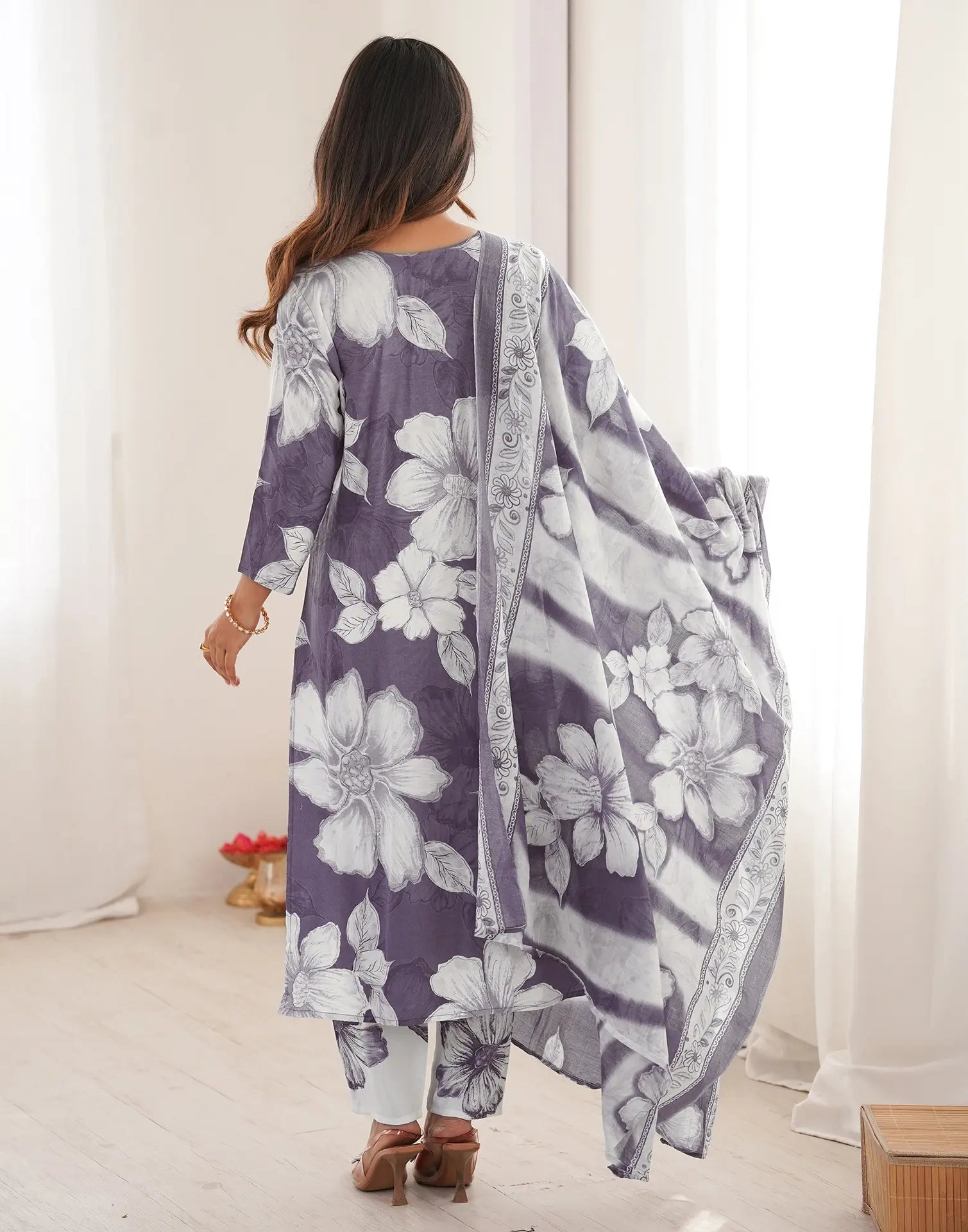 Skylee Rayon Floral Print Straight 3 Piece Kurta Set For Woman