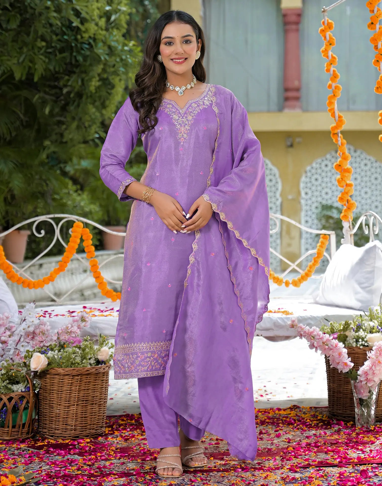 Shimmer Silk Blend Embroidered Straight 3 Piece Kurta Set