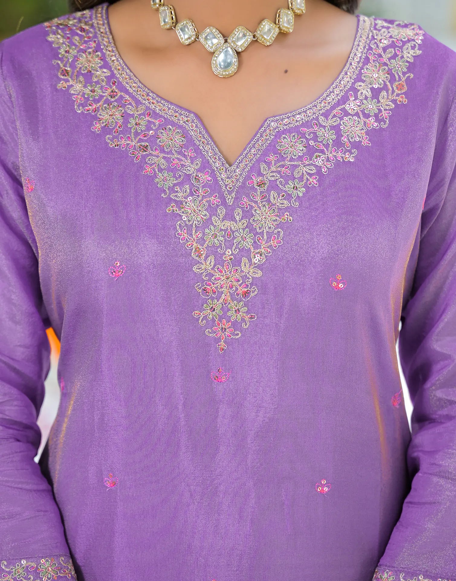 Shimmer Silk Blend Embroidered Straight 3 Piece Kurta Set