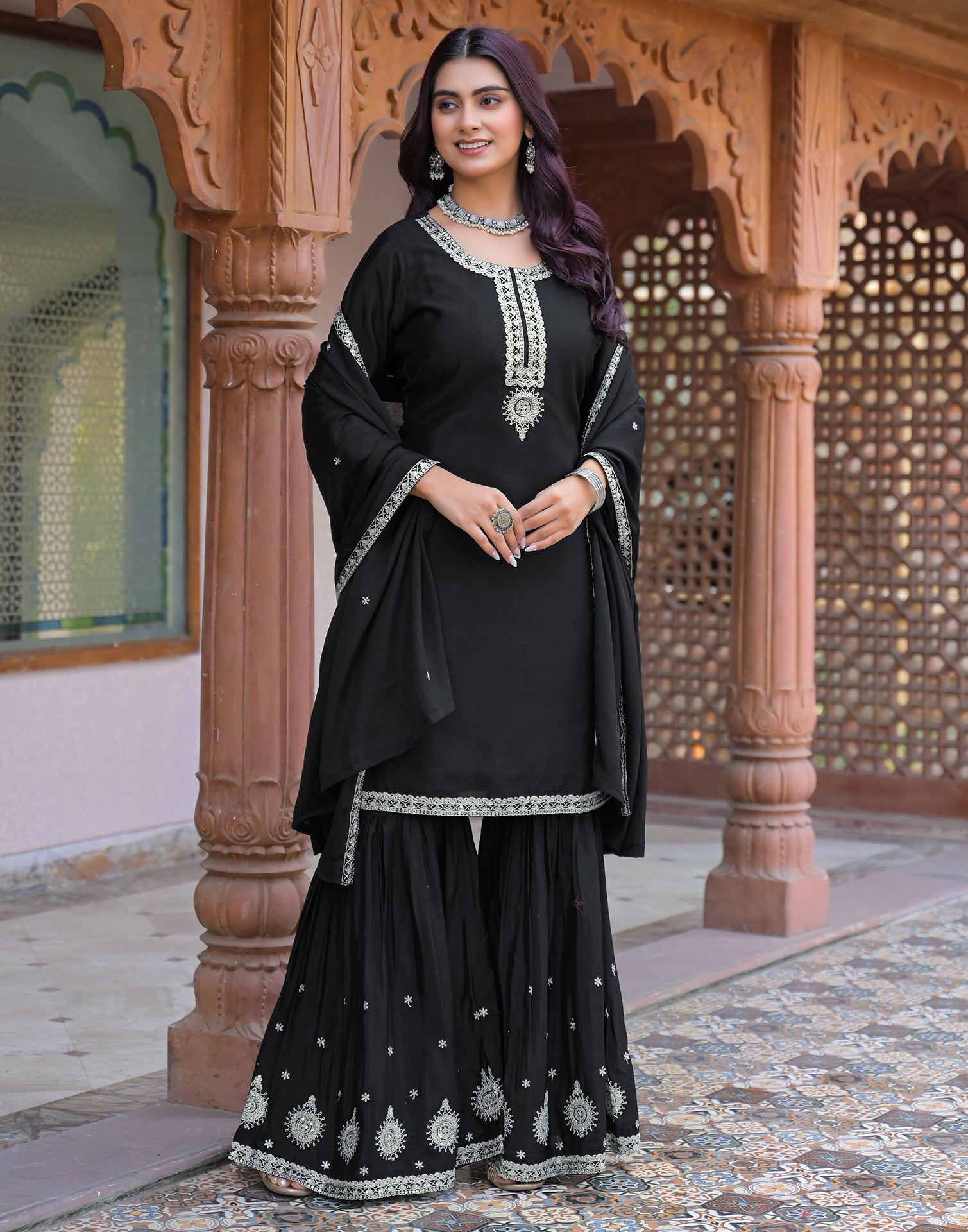 Skylee Chiffon Embroidered Straight 3 Piece Kurta Set For Woman