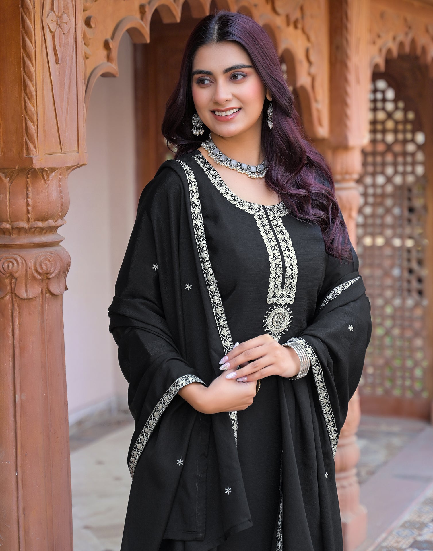 Skylee Chiffon Embroidered Straight 3 Piece Kurta Set For Woman