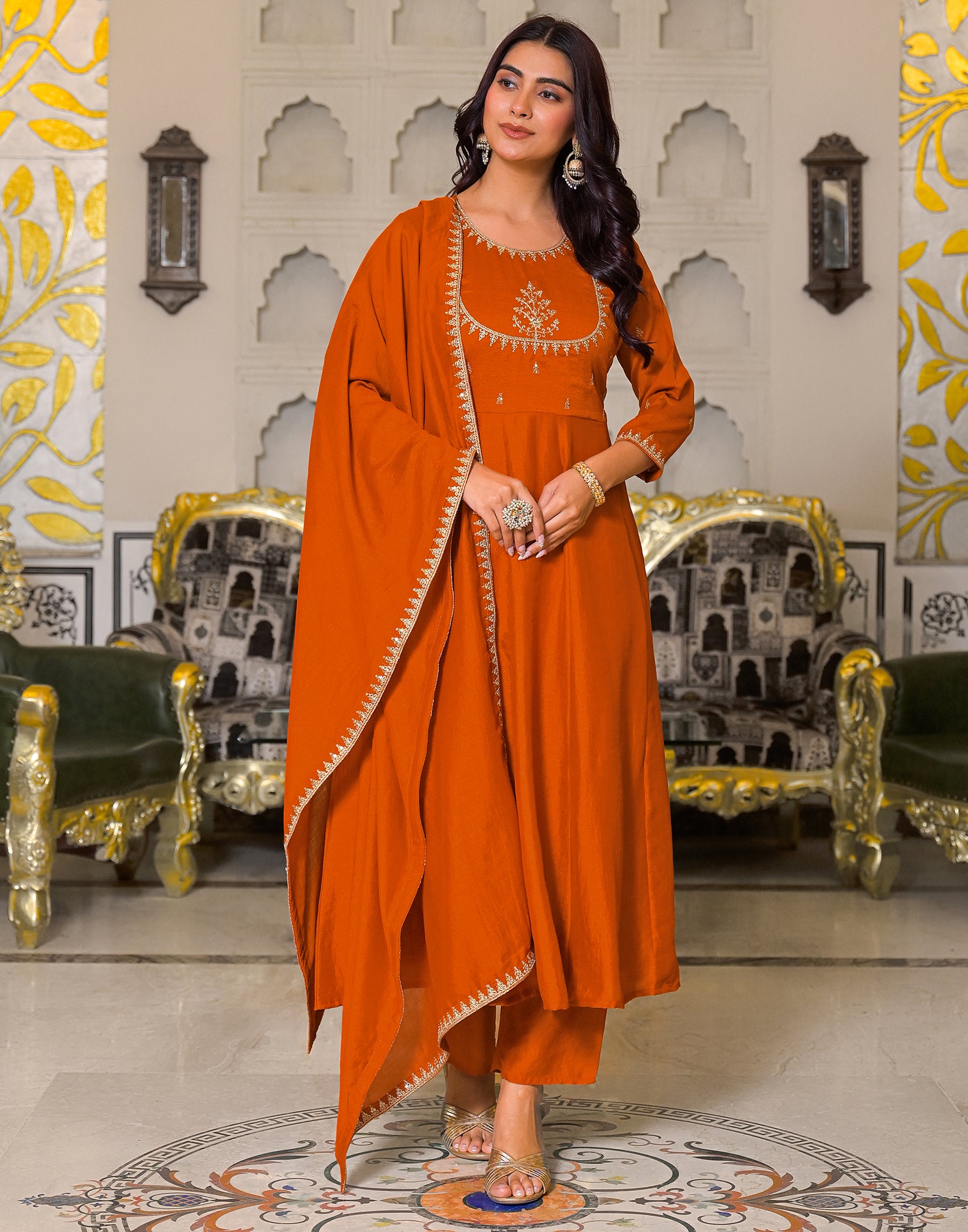 Skylee Silk Embroidered A-Line 3 Piece Kurta Set For Woman