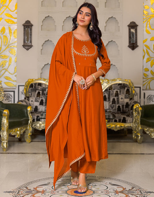 Silk Embroidered A-Line 3 Piece Kurta Set