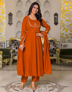 Skylee Silk Embroidered A-Line 3 Piece Kurta Set For Woman