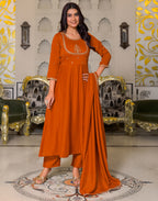 Skylee Silk Embroidered A-Line 3 Piece Kurta Set For Woman