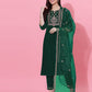 Dark Green Velvet Straight Kurta Set with Pants & Dupatta under 1000