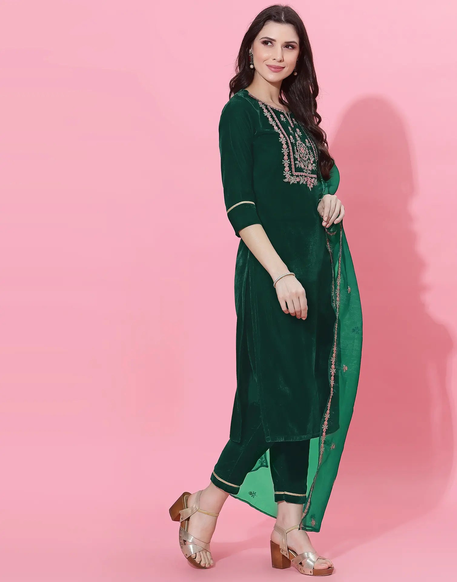 Velvet Embroidered Straight 3 Piece Kurta Set