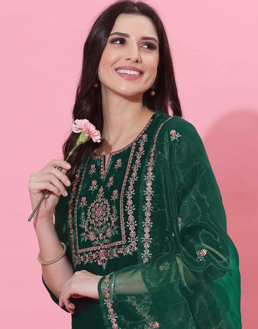 Dark Green Velvet Straight Kurta Set with Pants & Dupatta under 1000