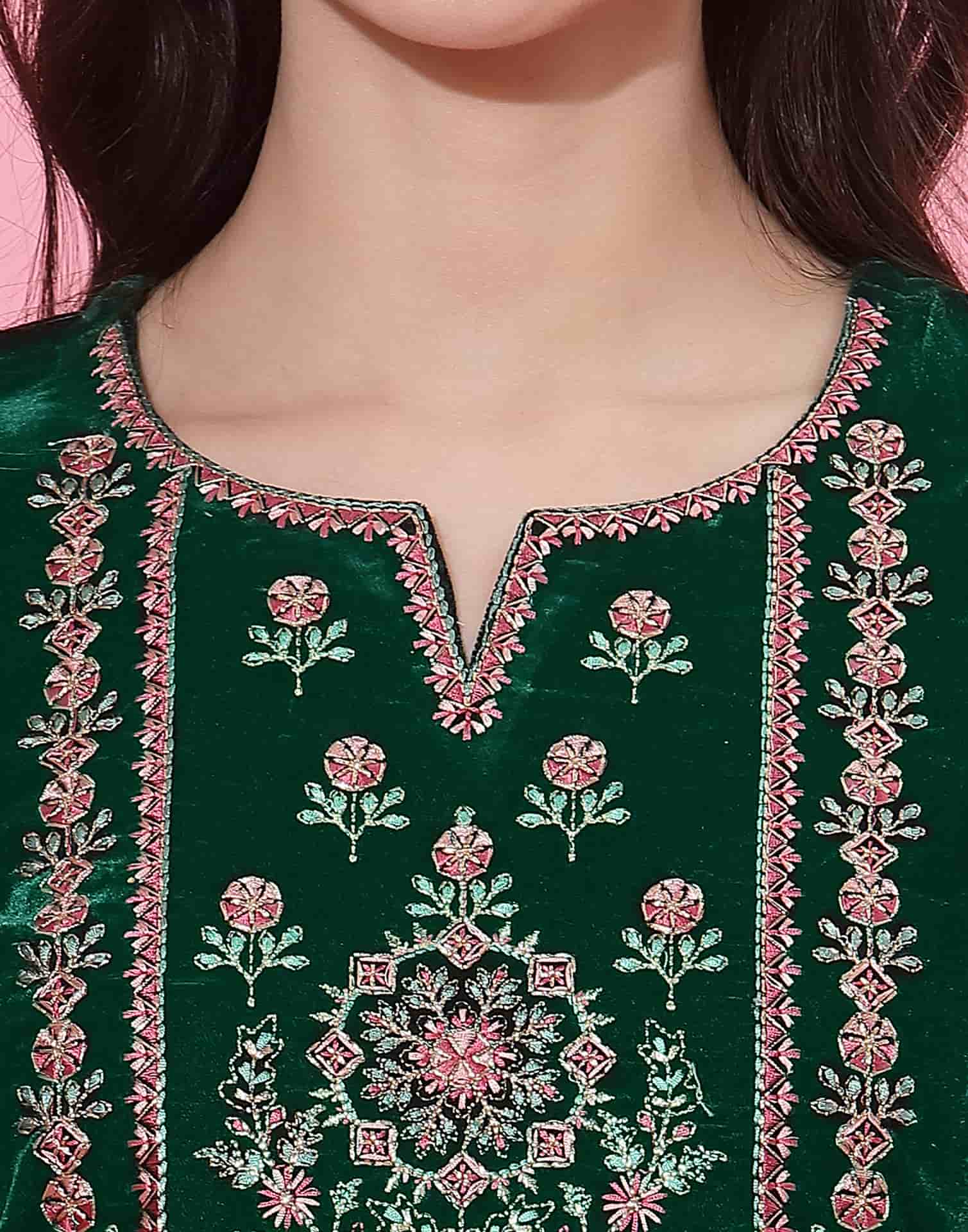 Dark Green Velvet Straight Kurta Set with Pants & Dupatta under 1000
