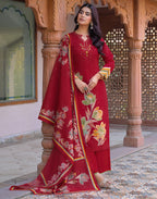 Skylee Silk Floral Print Straight 3 Piece Kurta Set For Woman