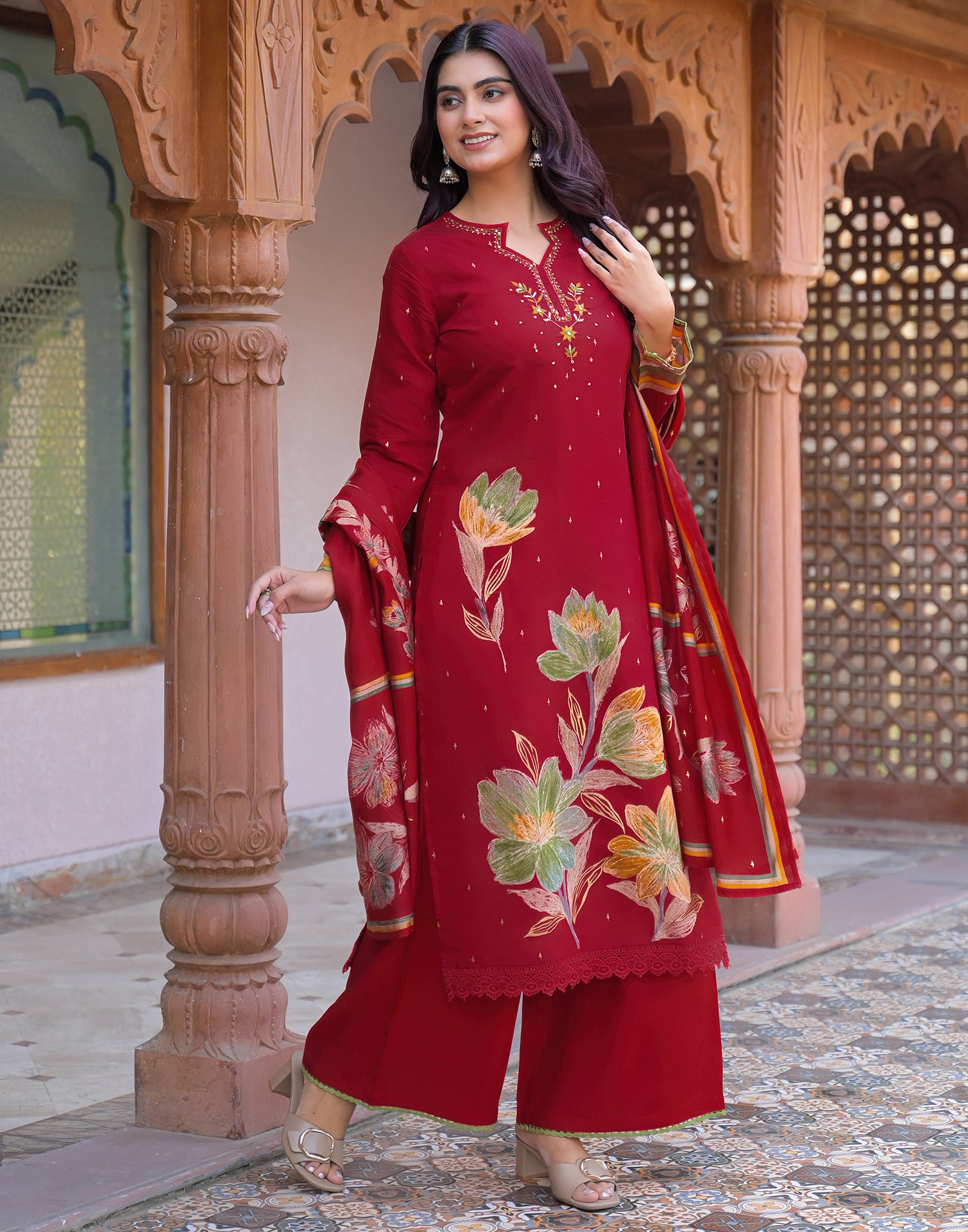 Skylee Silk Floral Print Straight 3 Piece Kurta Set For Woman