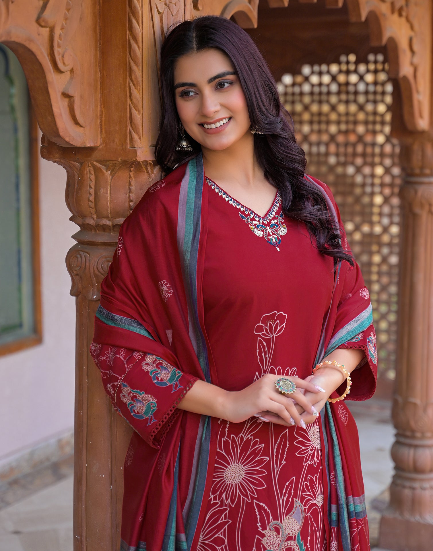 Skylee Silk Embroidered Straight 3 Piece Kurta Set For Woman
