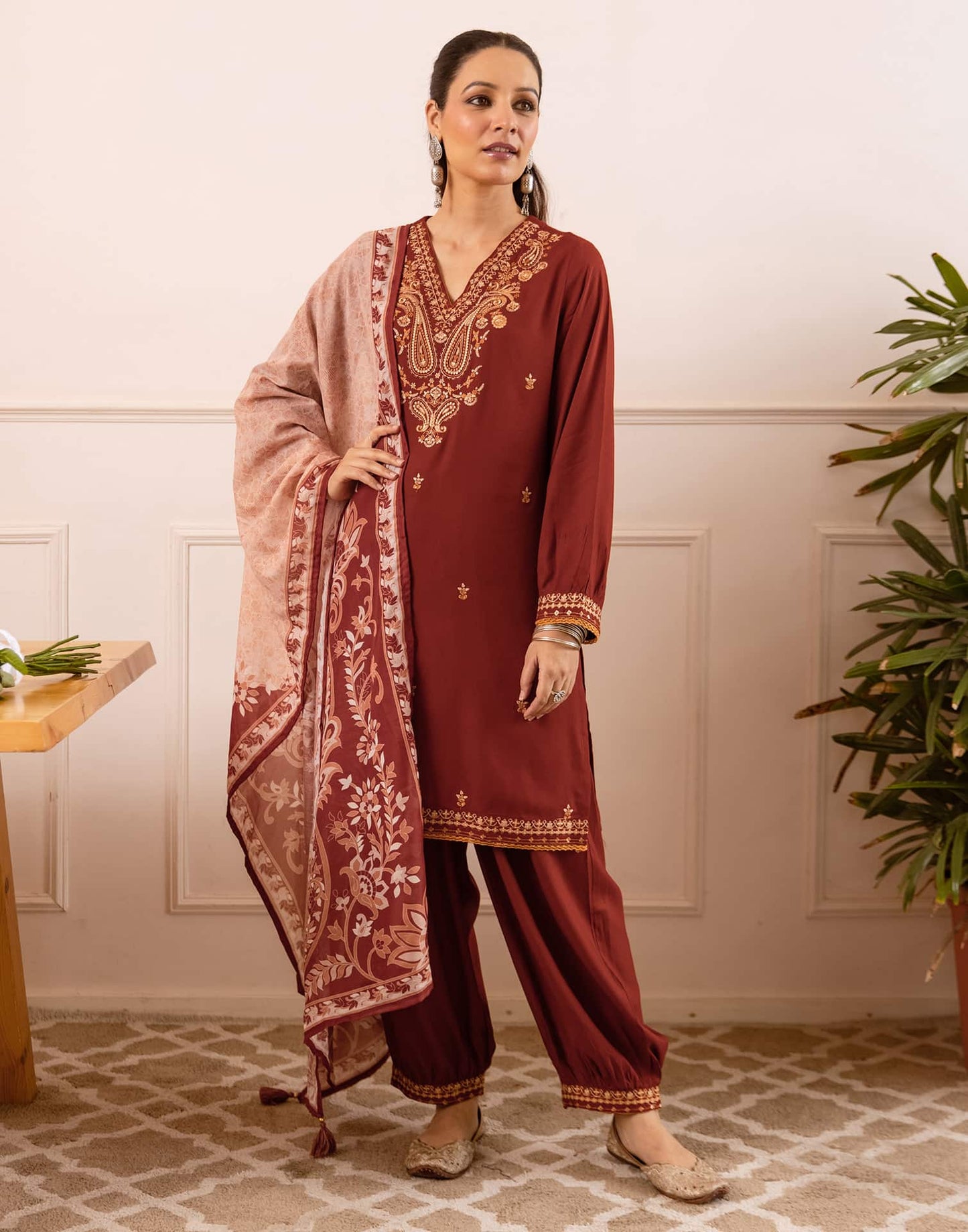 Rayon Straight Embroidery V-Neck Kurta with Pant & Dupatta