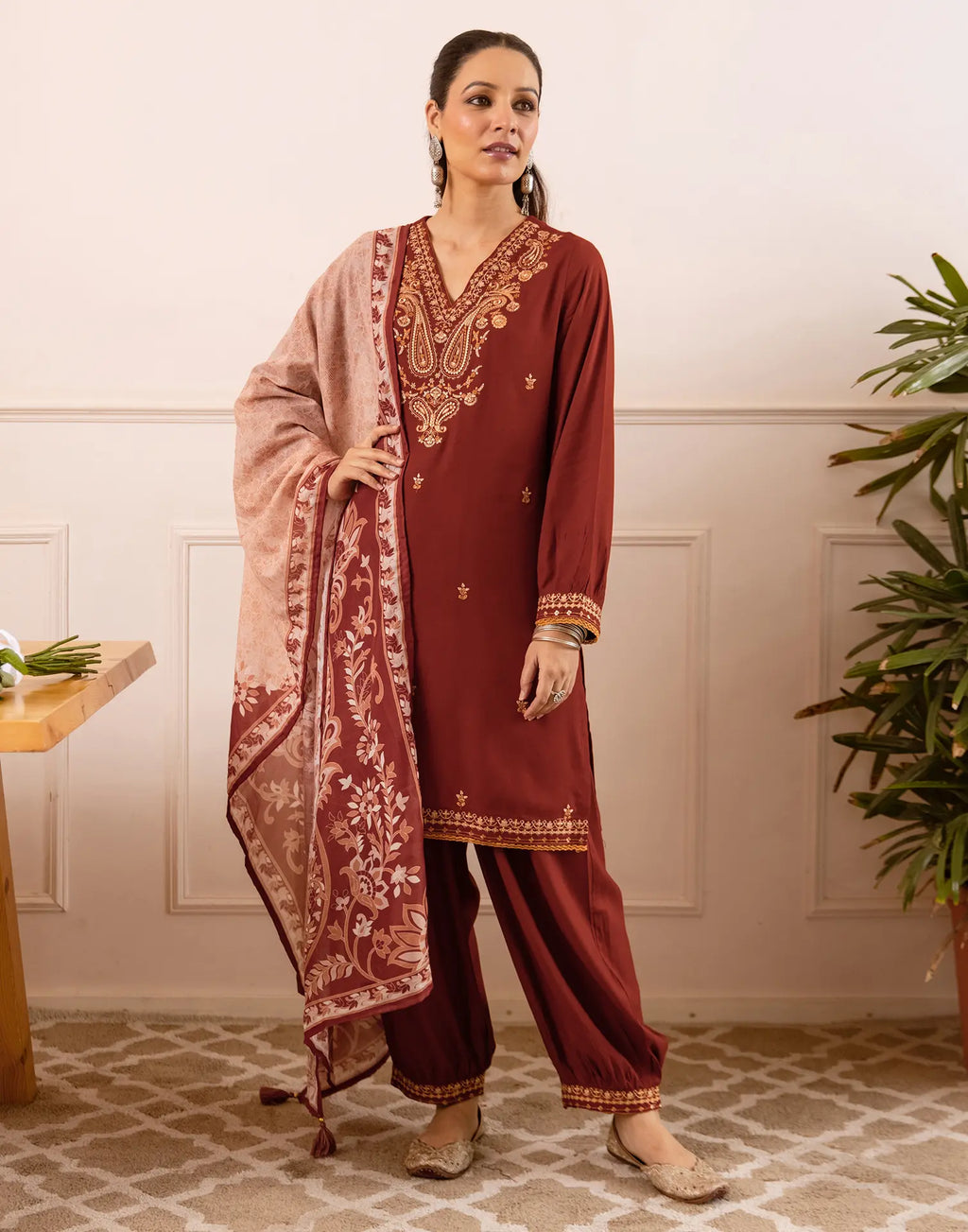 Rayon Embroidered Straight 3 Piece Kurta Set