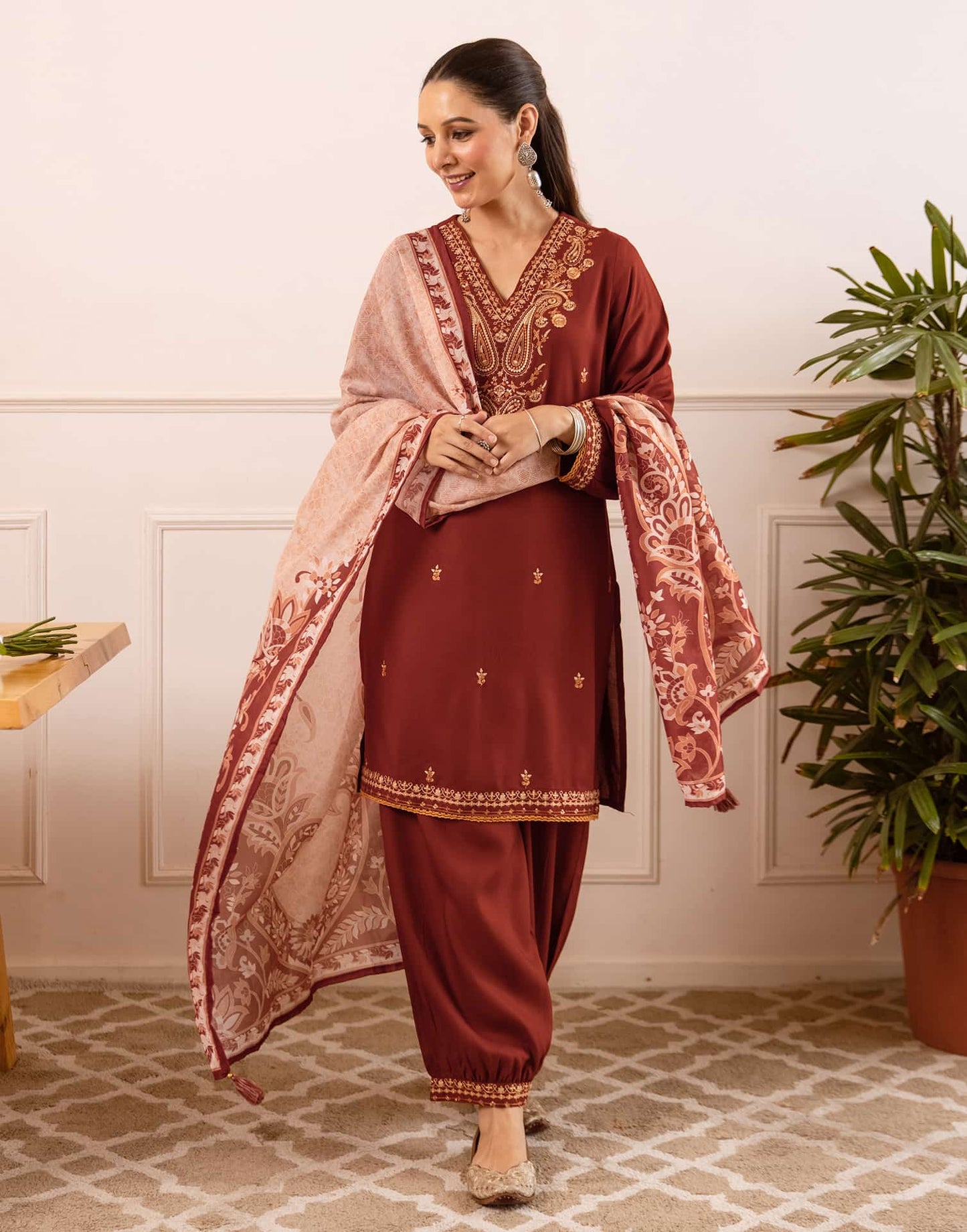 Rayon Straight Embroidery V-Neck Kurta with Pant & Dupatta