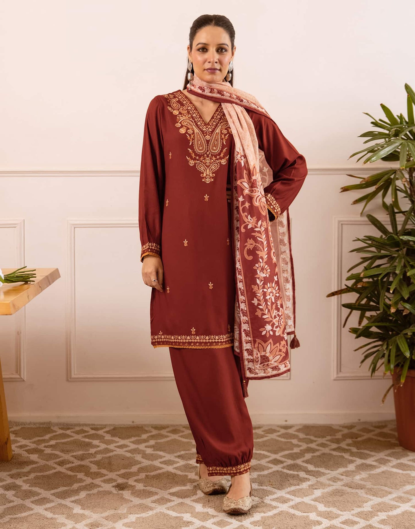 Rayon Straight Embroidery V-Neck Kurta with Pant & Dupatta