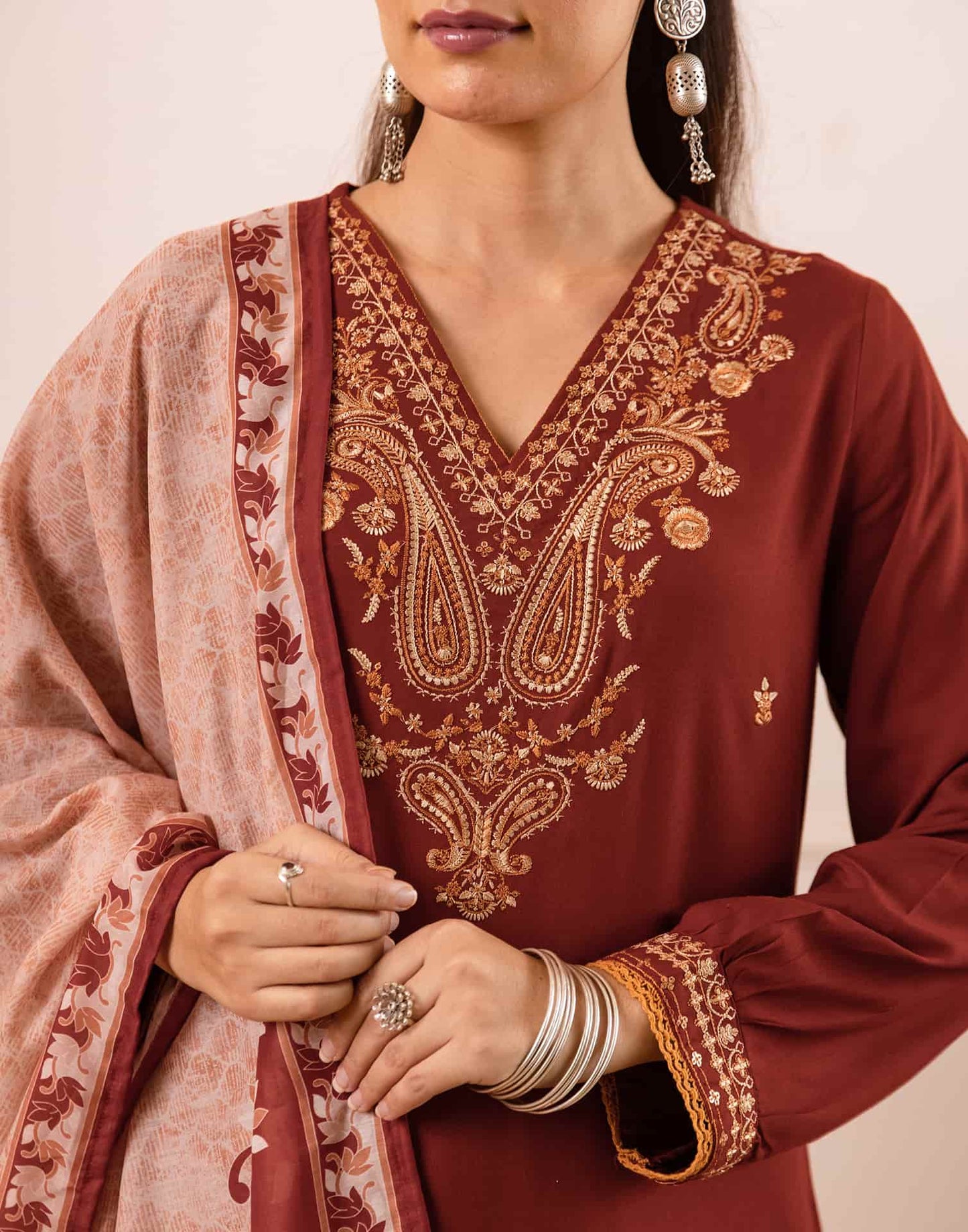 Rayon Straight Embroidery V-Neck Kurta with Pant & Dupatta