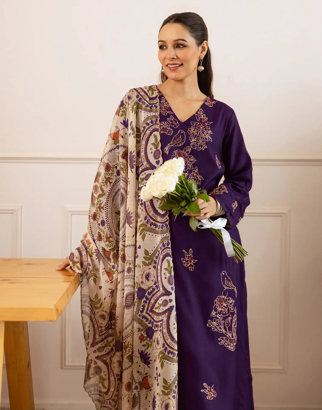 Silk Blend Embroidered Straight 3 Piece Kurta Set