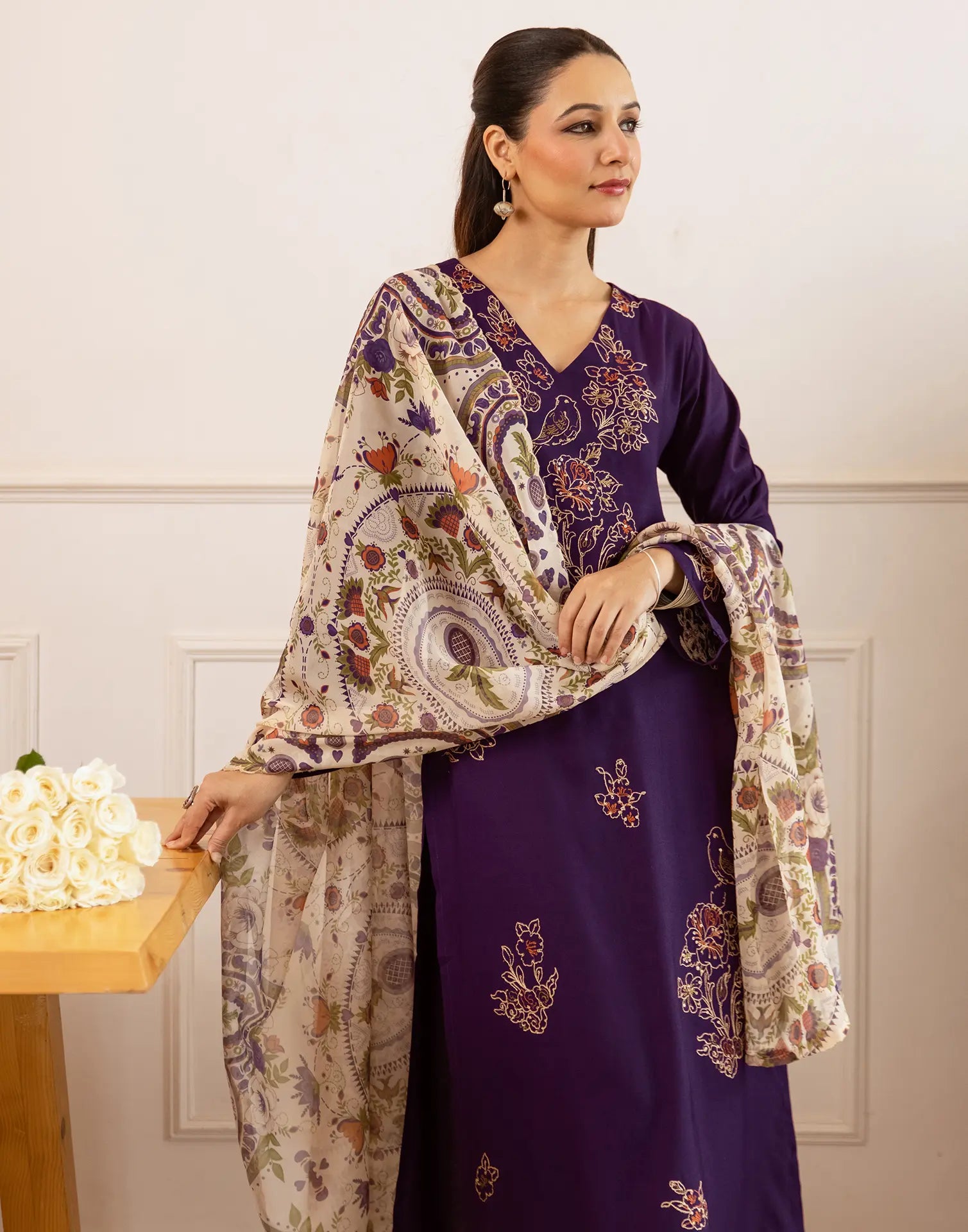 Silk Blend Embroidered Straight 3 Piece Kurta Set