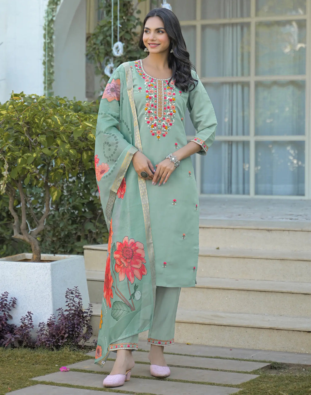 Silk Blend Embroidered Straight 3 Piece Kurta Set